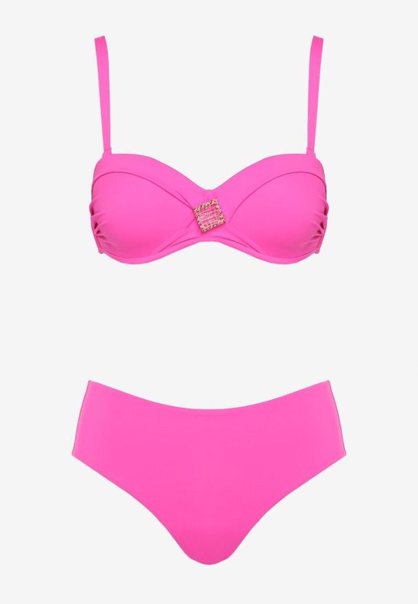 Born2be - Fuksjowe Bikini Majtki Typu Figi i Biustonosz z Geometryczną Ozdobą Kinavia. Kolor: różowy. Wzór: aplikacja, geometria