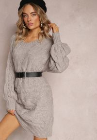 Renee - Ciemnoszary Długi Sweter Oversize z Wypukłym Splotem All Over Somet. Kolor: szary. Długość: długie. Wzór: ze splotem. Styl: elegancki