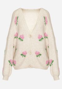Born2be - Jasnobeżowy Kardigan Oversize z Domieszką Wełny w Kwiatowy Wzór Nelenea. Okazja: na co dzień. Typ kołnierza: dekolt w serek. Kolor: beżowy. Materiał: wełna. Wzór: kwiaty. Styl: casual #2