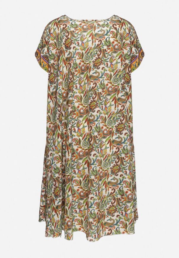 Born2be - Beżowo-Zielona Wiskozowa Sukienka Rozkloszowana we Wzór Paisley Mastis. Kolor: beżowy. Materiał: wiskoza. Wzór: paisley