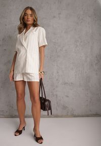 Renee - Beżowy Komplet z Wiskozą i Bawełną Szorty i Marynarka z Krótkim Rękawem Zaleria. Kolor: beżowy. Materiał: wiskoza, bawełna. Wzór: paski #3