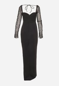 Born2be - Czarna Sukienka z Dekoltem Caro i Siateczkowymi Rękawami z Perełkami Inelara. Kolor: czarny. Wzór: aplikacja #7