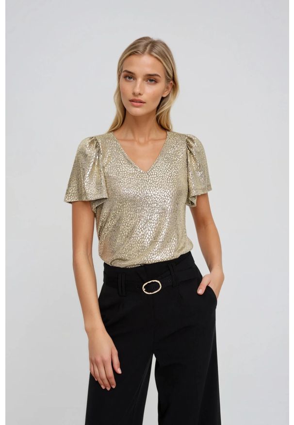 MOODO - Bluzka z bufiastymi rękawami złota. Kolor: złoty. Materiał: poliester, elastan
