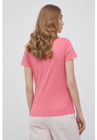 Tommy Jeans t-shirt damski kolor różowy. Kolor: różowy. Materiał: bawełna. Długość rękawa: krótki rękaw. Długość: krótkie. Wzór: nadruk #5