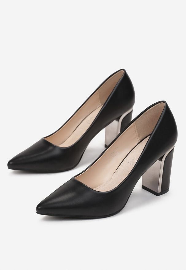 Renee - Czarne Czółenka z Metaliczną Wstawką na Słupku z Wkładką ze Skóry Naturalnej Atirel. Kolor: czarny. Materiał: skóra. Obcas: na słupku. Styl: elegancki