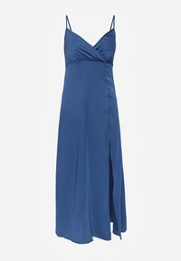 Renee - Granatowa Taliowana Sukienka Maxi na Cienkich Ramiączkach z Rozcięciem Samiksa. Kolor: niebieski. Długość rękawa: na ramiączkach. Wzór: aplikacja. Typ sukienki: kopertowe. Styl: elegancki, wizytowy. Długość: maxi #8