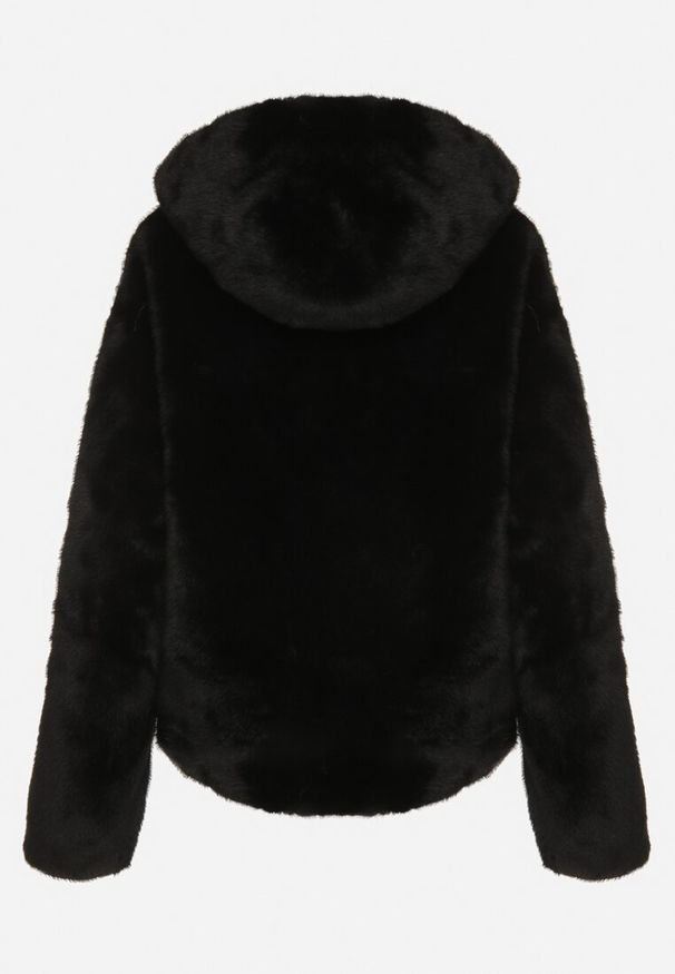 Born2be - Czarna Kurtka Futrzana z Nieodpinanym Kapturem Lanasia. Okazja: na co dzień. Kolor: czarny. Materiał: futro. Styl: casual, elegancki