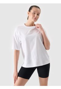 4f - 4F T-shirt oversize gładki damski - biały S. Okazja: na co dzień. Kolor: biały. Materiał: bawełna, jersey, dzianina. Długość rękawa: krótki rękaw. Długość: krótkie. Wzór: gładki. Styl: sportowy, klasyczny, casual