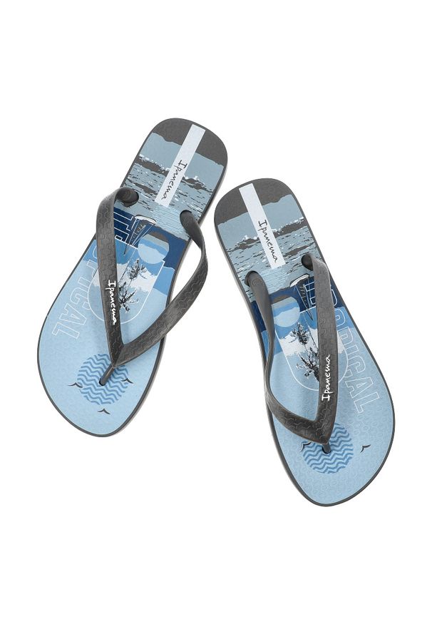 Niebieskie Japonki Ipanema Płaskie Obuwie Męskie. Okazja: na co dzień, na plażę, na spacer. Kolor: szary. Materiał: materiał. Wzór: paski. Sezon: lato. Styl: sportowy, casual, elegancki