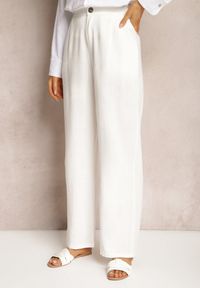 Renee - Białe Spodnie z Szerokimi Prostymi Nogawkami High Waist z Lnem Amivesa. Okazja: na spotkanie biznesowe, do pracy. Stan: podwyższony. Kolor: biały. Materiał: len. Styl: biznesowy