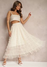 Renee - Beżowa Tiulowa Spódnica Maxi z Gumką w Pasie Oliviah. Kolor: beżowy. Materiał: tiul. Wzór: aplikacja