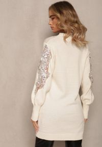 Renee - Jasnobeżowy Dzianinowy Sweter z Ozdobną Wstawką z Siateczki i Koralikami Isadorra. Kolor: beżowy. Materiał: dzianina. Wzór: aplikacja. Styl: elegancki #4