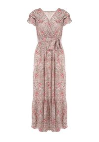 Born2be - Zielono-Czerwona Sukienka Rhenosyne. Okazja: na co dzień. Kolor: zielony. Materiał: materiał. Wzór: kolorowy, kwiaty. Sezon: lato. Typ sukienki: kopertowe, rozkloszowane. Styl: casual. Długość: maxi #2