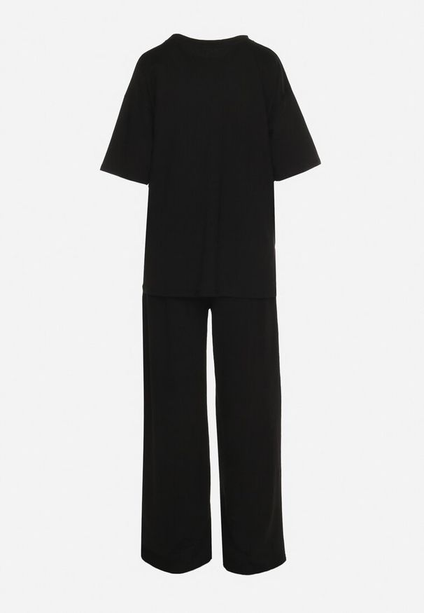 Born2be - Czarny Bawełniany Komplet Bluzka z Rozcięciami po Bokach Szerokie Spodnie z Gumką w Pasie Undrea. Kolor: czarny. Materiał: bawełna