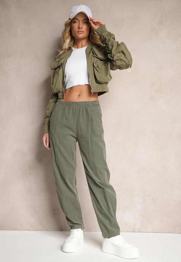 Renee - Ciemnozielone Spodnie z Bawełny High Waist Galili. Okazja: na co dzień. Stan: podwyższony. Kolor: zielony. Materiał: bawełna. Styl: klasyczny, elegancki, casual