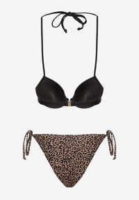 Born2be - Czarno-Beżowe Bikini Biustonosz i Majtki Figi z Wiązaniem Savlene. Kolor: czarny. Wzór: haft, aplikacja