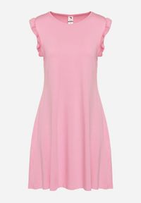 Born2be - Jasnoróżowa Letnia Sukienka Bawełniana z Falbankami Wokół Ramion Sasare. Typ kołnierza: kołnierz z falbankami. Kolor: różowy. Materiał: bawełna. Długość rękawa: krótki rękaw. Wzór: aplikacja. Sezon: lato. Typ sukienki: trapezowe #4