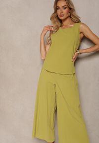 Renee - Jasnozielony Komplet z Bawełny Spodnie Culottes i Luźny Top Tinelia. Kolor: zielony. Materiał: bawełna. Wzór: aplikacja #4