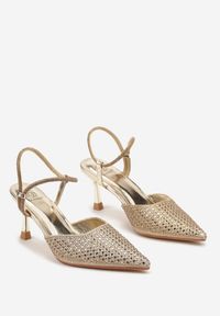 Renee - Złote Sandały Slingback na Szpilce ze Szpiczastym Noskiem z Cyrkoniami Dimena. Okazja: na co dzień. Nosek buta: szpiczasty. Kolor: złoty. Materiał: jeans. Obcas: na szpilce. Styl: wizytowy, casual #5