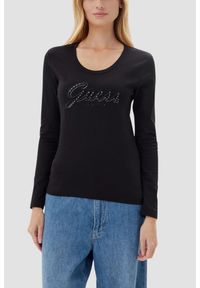 Guess - GUESS Czarny damski longsleeve Embro Script. Kolor: czarny. Długość rękawa: długi rękaw
