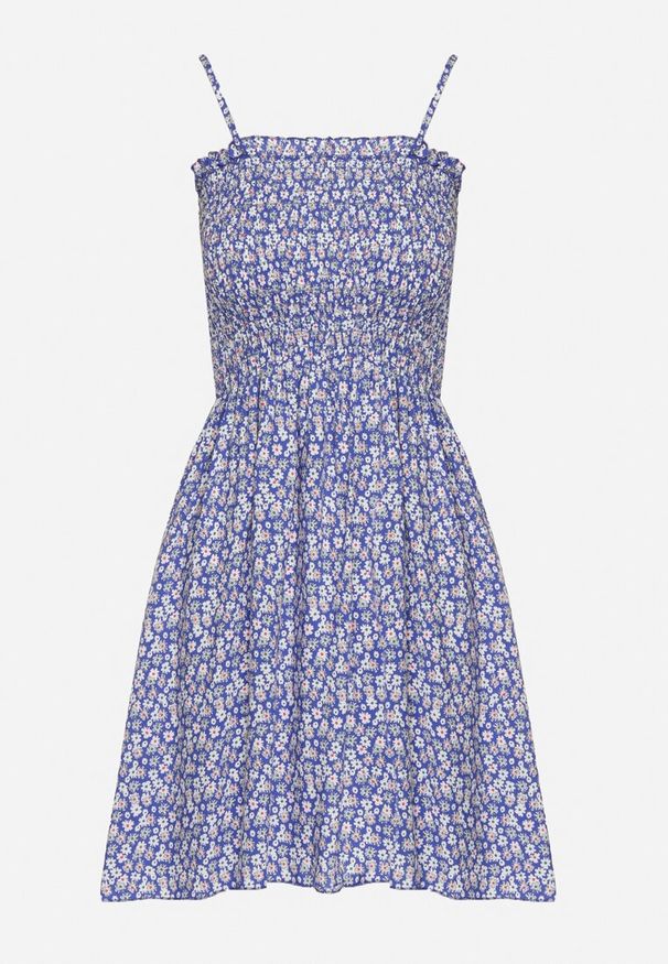 Born2be - Niebieska Bawełniana Sukienka na Regulowanych Ramiączkach z Elastycznym Dekoltem Risetta. Kolor: niebieski. Materiał: bawełna. Długość rękawa: na ramiączkach. Wzór: kwiaty. Sezon: wiosna, lato