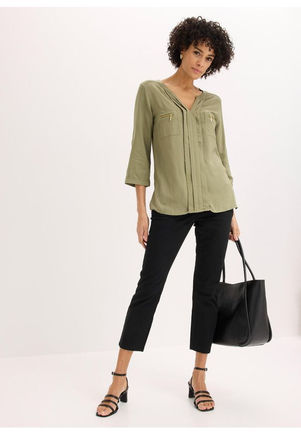 bonprix - Bluzka tunikowa z lejącej wiskozy. Kolor: zielony. Materiał: wiskoza. Styl: elegancki