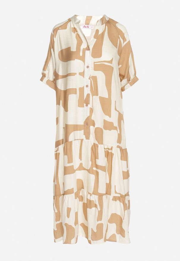 Born2be - Beżowa Wiskozowa Sukienka z Geometrycznym Wzorem Filarin. Okazja: na co dzień. Kolor: beżowy. Materiał: wiskoza. Wzór: geometria. Sezon: wiosna. Typ sukienki: proste. Styl: klasyczny, casual, elegancki