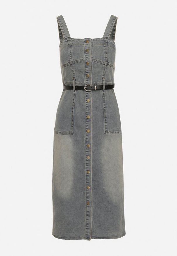 Born2be - Jasnoniebieska Sukienka Jeansowa z Paskiem z Ekoskóry Zapinana na Napy na Ramiączkach Wezia. Okazja: na co dzień. Kolor: niebieski. Materiał: jeans. Długość rękawa: na ramiączkach. Typ sukienki: proste. Styl: casual, elegancki