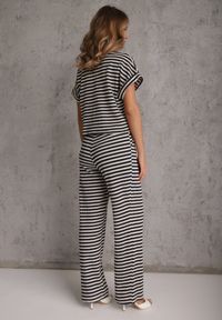 Renee - Beżowo-Granatowy Komplet z Dzianiny w Paski z Bawełną Bluzka z Krótkim Rękawem i Spodnie Akiseithe. Kolor: beżowy. Materiał: bawełna, dzianina. Wzór: paski #2