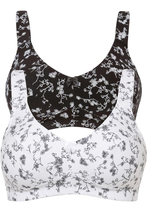 bonprix - Biustonosz bez fiszbinów (2 szt.), bawełna organiczna. Kolor: czarny. Materiał: bawełna. Rodzaj stanika: wyściełane miseczki, różne sposoby noszenia. Wzór: nadruk, kwiaty