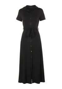 Born2be - Czarna Sukienka o Koszulowym Fasonie Wiązana w Talii Ophieithe. Okazja: na co dzień. Kolor: czarny. Materiał: dzianina, materiał. Długość rękawa: krótki rękaw. Typ sukienki: koszulowe. Styl: casual. Długość: midi #4