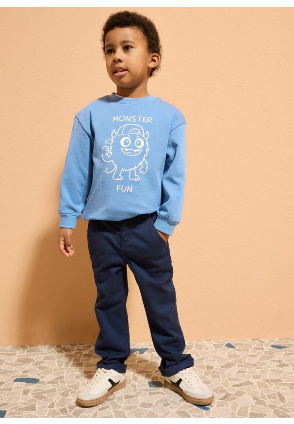 bonprix - Spodnie chinosy slim fit z regulowaną talią, straight. Kolor: niebieski