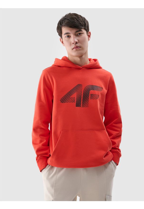 4f - 4F Bluza dresowa nierozpinana z kapturem męska - czerwona M. Okazja: na co dzień. Typ kołnierza: kaptur. Kolor: czerwony. Materiał: dresówka. Wzór: gładki, nadruk, ze splotem. Styl: sportowy, casual