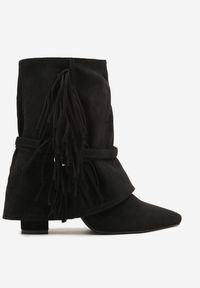 Born2be - Czarne Botki w Stylu Boho z Wywiniętą Cholewką i Frędzlami Harile. Okazja: na co dzień. Kolor: czarny. Materiał: jeans. Szerokość cholewki: normalna. Wzór: haft. Styl: boho #4