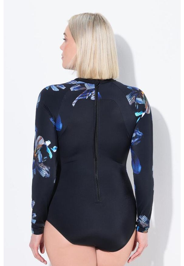 ULLA POPKEN - Damski Kostium kąpielowy UPF 50+ bez miękkich miseczek stójka. Kolekcja: plus size. Kolor: czarny. Materiał: poliester, poliamid, materiał, elastan