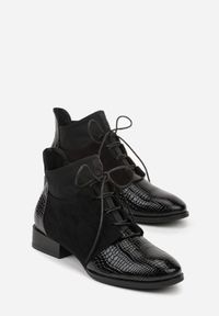 Born2be - Czarne Botki Typu Trzewiki z Lakierowanymi Wstawkami z Tłoczeniem Krokodyla Zetilla. Kolor: czarny. Materiał: lakier. Styl: elegancki #7