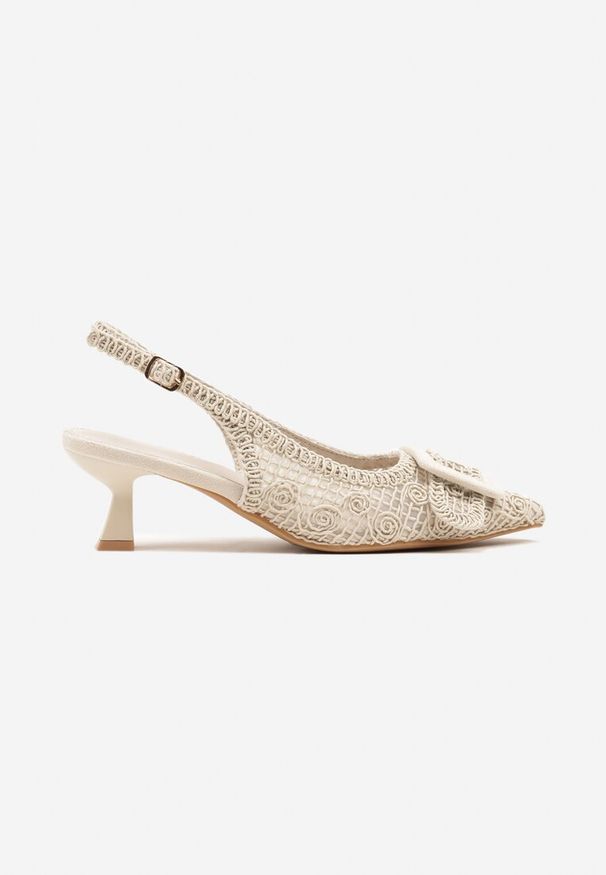 Renee - Beżowe Sandały na Kaczuszce Typu Slingback Ozdobione Plecionką i Klamrą Elivrella. Zapięcie: klamry. Kolor: beżowy. Wzór: aplikacja. Obcas: na szpilce. Styl: elegancki, klasyczny