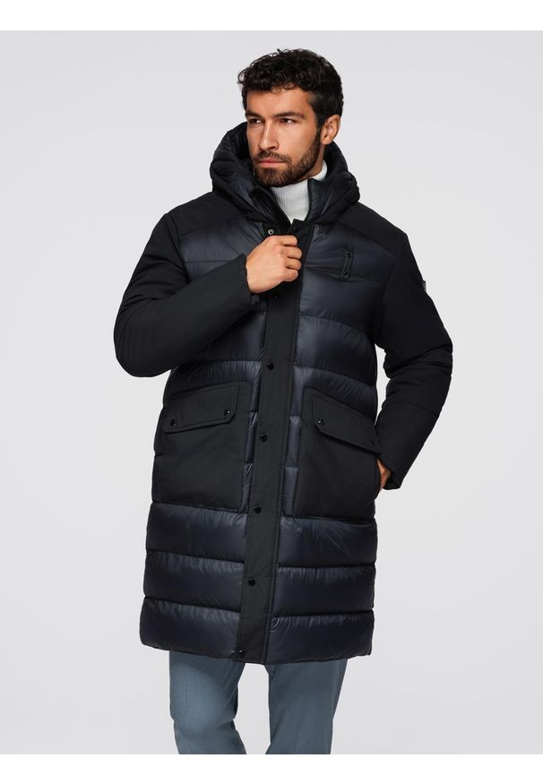 Ombre Clothing - Długa męska pikowana kurtka z dużymi kieszeniami – czarna V1 - Rozmiar: L. Typ kołnierza: kaptur. Kolor: szary. Materiał: syntetyk, tkanina, materiał. Długość: długie. Wzór: gładki