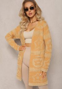 Renee - Brązowy Długi Kardigan Puszysty Aborra. Kolekcja: plus size. Kolor: brązowy. Materiał: dzianina, tkanina. Długość: długie. Wzór: aplikacja