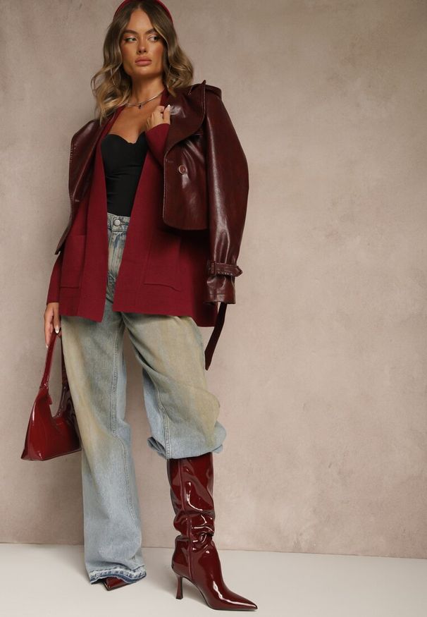 Renee - Bordowy Kardigan z Kaszmirem o Prostym Kroju Bez Zapięć z Kieszeniami Zaisa. Kolor: czerwony. Materiał: kaszmir. Styl: elegancki
