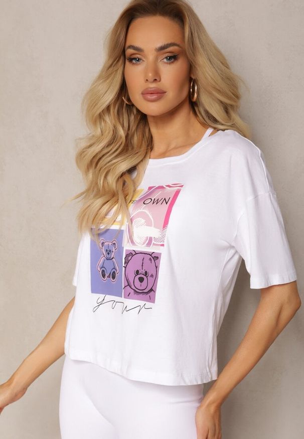 Renee - Biały T-shirt z Bawełny Ozdobiony Nadrukiem Parieltta. Okazja: na co dzień. Kolor: biały. Materiał: bawełna. Wzór: aplikacja, nadruk. Styl: sportowy, casual, elegancki