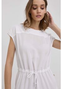 Trussardi Jeans - Trussardi sukienka kolor biały mini rozkloszowana. Kolor: biały. Materiał: tkanina. Długość rękawa: krótki rękaw. Typ sukienki: rozkloszowane. Długość: mini