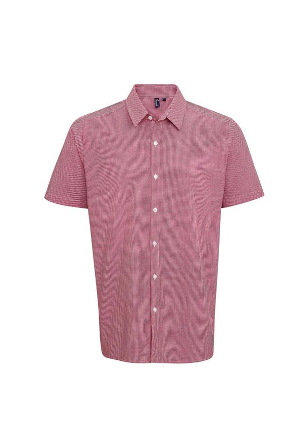 PREMIER - Męska Bawełniana Koszula Z Krótkim Rękawem W Kratkę Micro Gingham. Kolor: biały, czerwony, wielokolorowy. Materiał: bawełna. Długość rękawa: krótki rękaw. Długość: krótkie. Wzór: kratka
