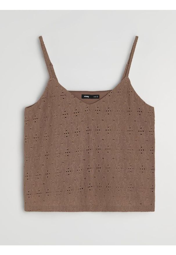 Sinsay - Ażurowy top na ramiączkach - brązowy. Kolor: brązowy. Długość rękawa: na ramiączkach. Wzór: ażurowy