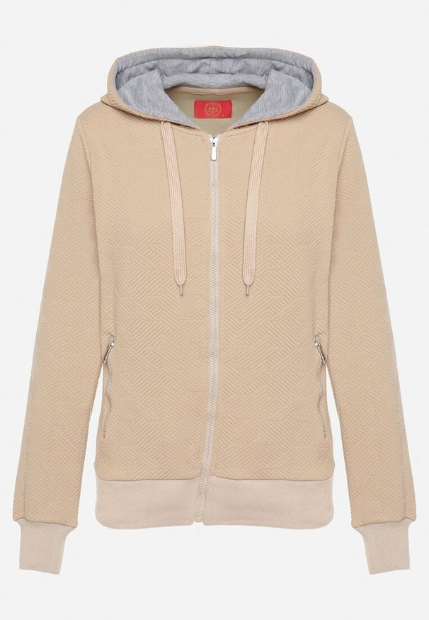 Born2be - Ciemnobeżowa Rozpinana Bluza z Bawełną Kapturem i Tłoczonym Wzorem Arsenia. Okazja: na co dzień. Kolor: beżowy. Materiał: bawełna. Długość rękawa: długi rękaw. Długość: długie. Styl: klasyczny, casual