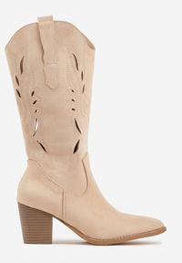 Born2be - Beżowe Botki Typu Kowbojki VICES na Obcasie z Ażurową Cholewką Eranata. Okazja: na co dzień. Kolor: beżowy. Materiał: jeans. Szerokość cholewki: normalna. Wzór: ażurowy. Obcas: na obcasie. Styl: casual, elegancki, klasyczny. Wysokość obcasa: średni #3