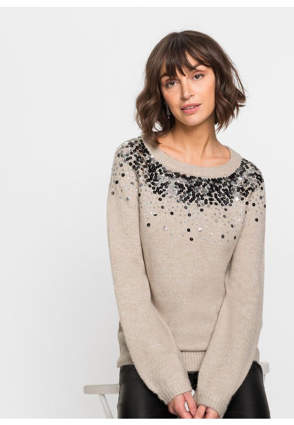bonprix - Sweter. Kolor: beżowy. Wzór: kolorowy