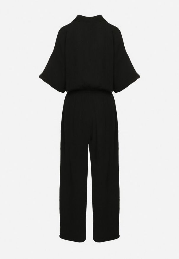 Born2be - Czarny Bawełniany Kombinezon z Koszulową Górą i Prostymi Spodniami Namsore. Kolor: czarny. Materiał: bawełna. Styl: elegancki, klasyczny