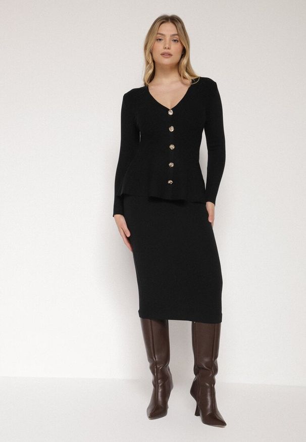Born2be - Czarny Elegancki Komplet z Dzianiny z Wiskozą Kardigan i Spódnica Uneva. Kolor: czarny. Materiał: dzianina, wiskoza