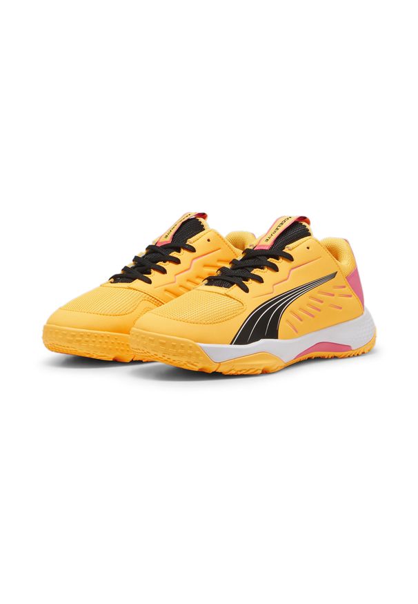 Puma - Młodzieżowe buty halowe Accelerate PUMA Sun Stream Sunset Glow Black Orange Pink. Kolor: wielokolorowy, żółty, różowy, czarny, pomarańczowy. Materiał: syntetyk, materiał. Sport: siatkówka, piłka ręczna
